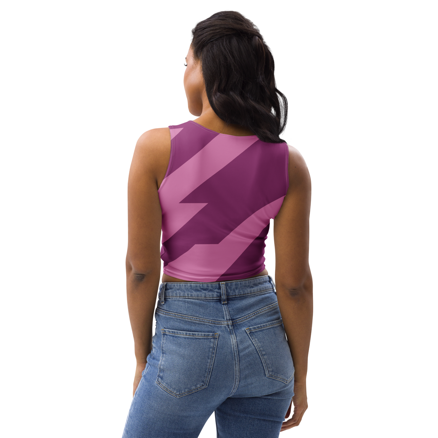 Woman wearing a purple tank top with a logo on a white background