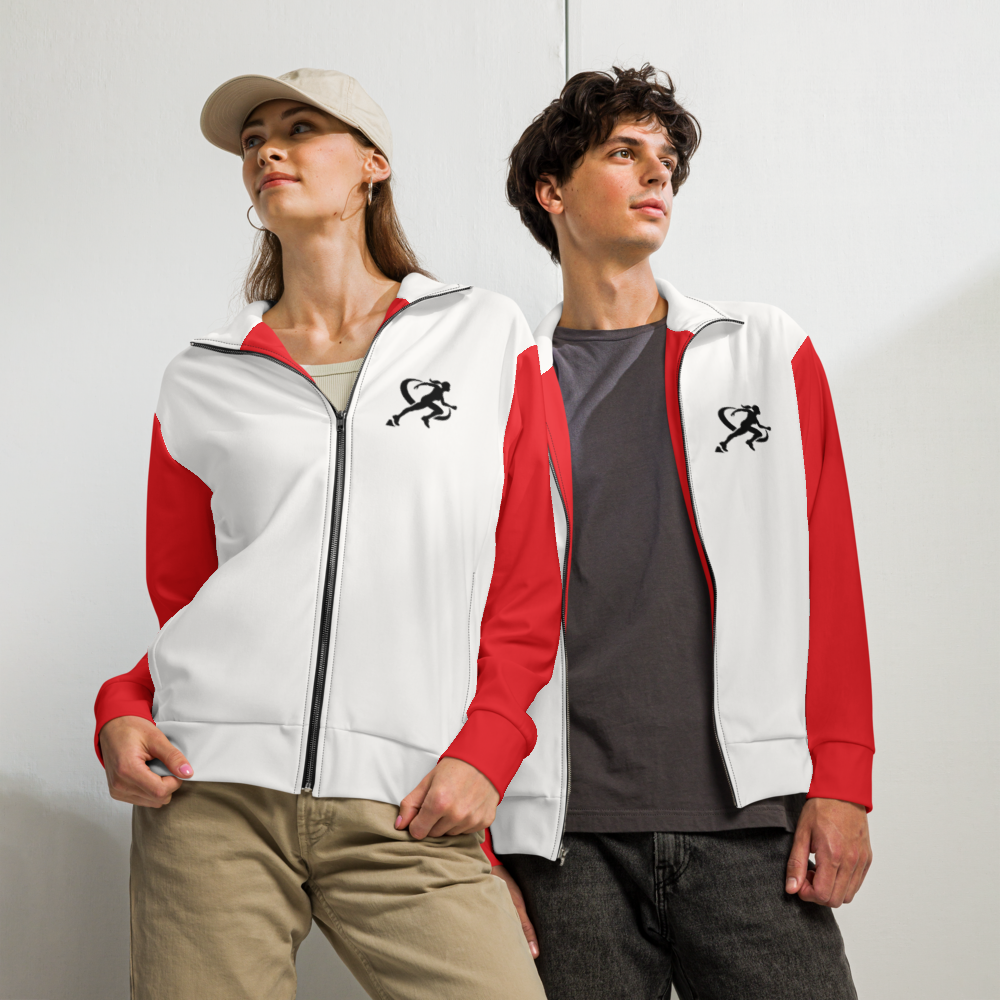 A man and a woman standing side by side, wearing white T.A.R.A Sportswear Classic Gym Jackets with black logos on the front.