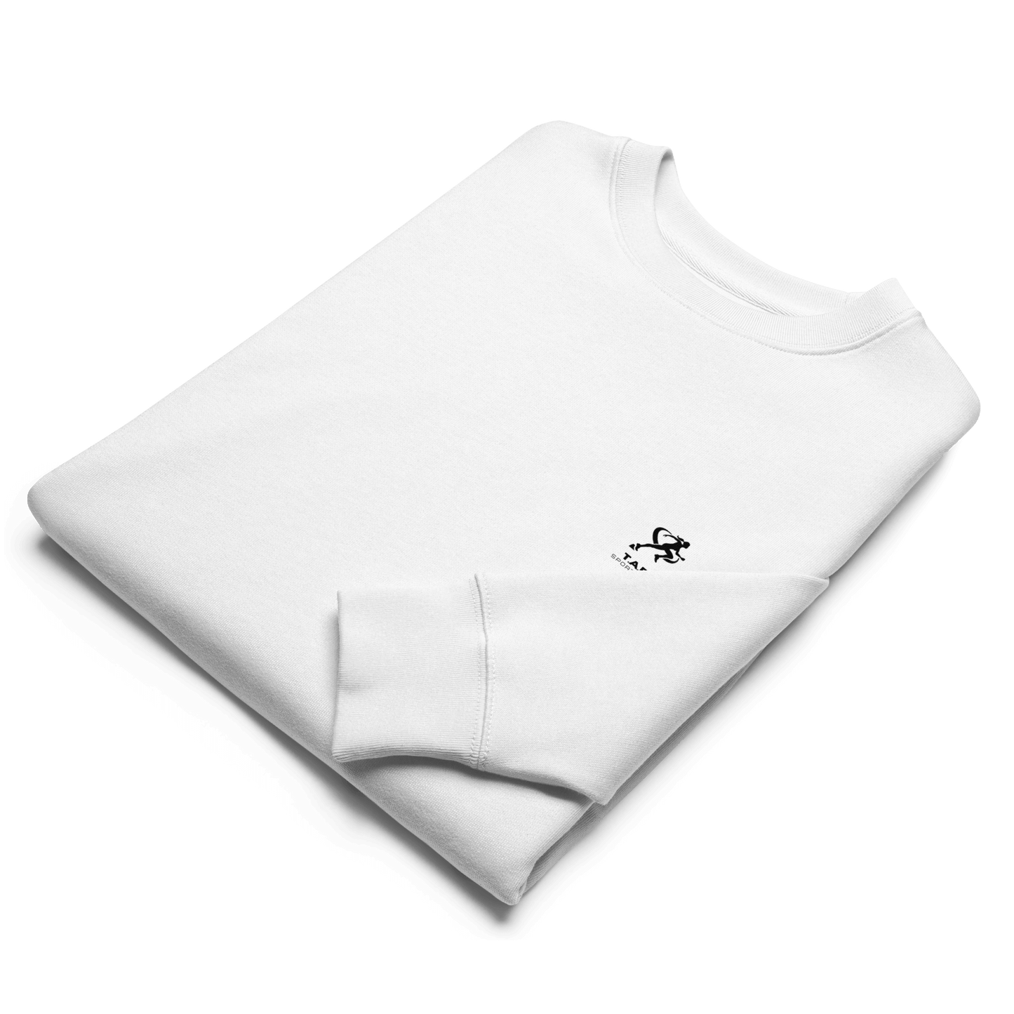 Person wearing a white sweatshirt with a small logo on a white background