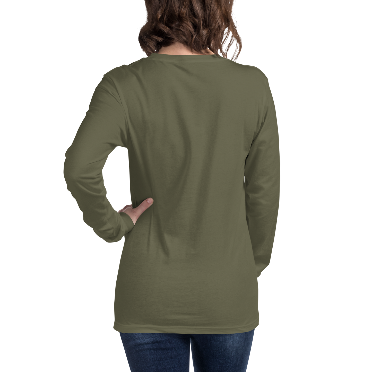 A woman wearing a military green long-sleeved crew neck t-shirt on the back