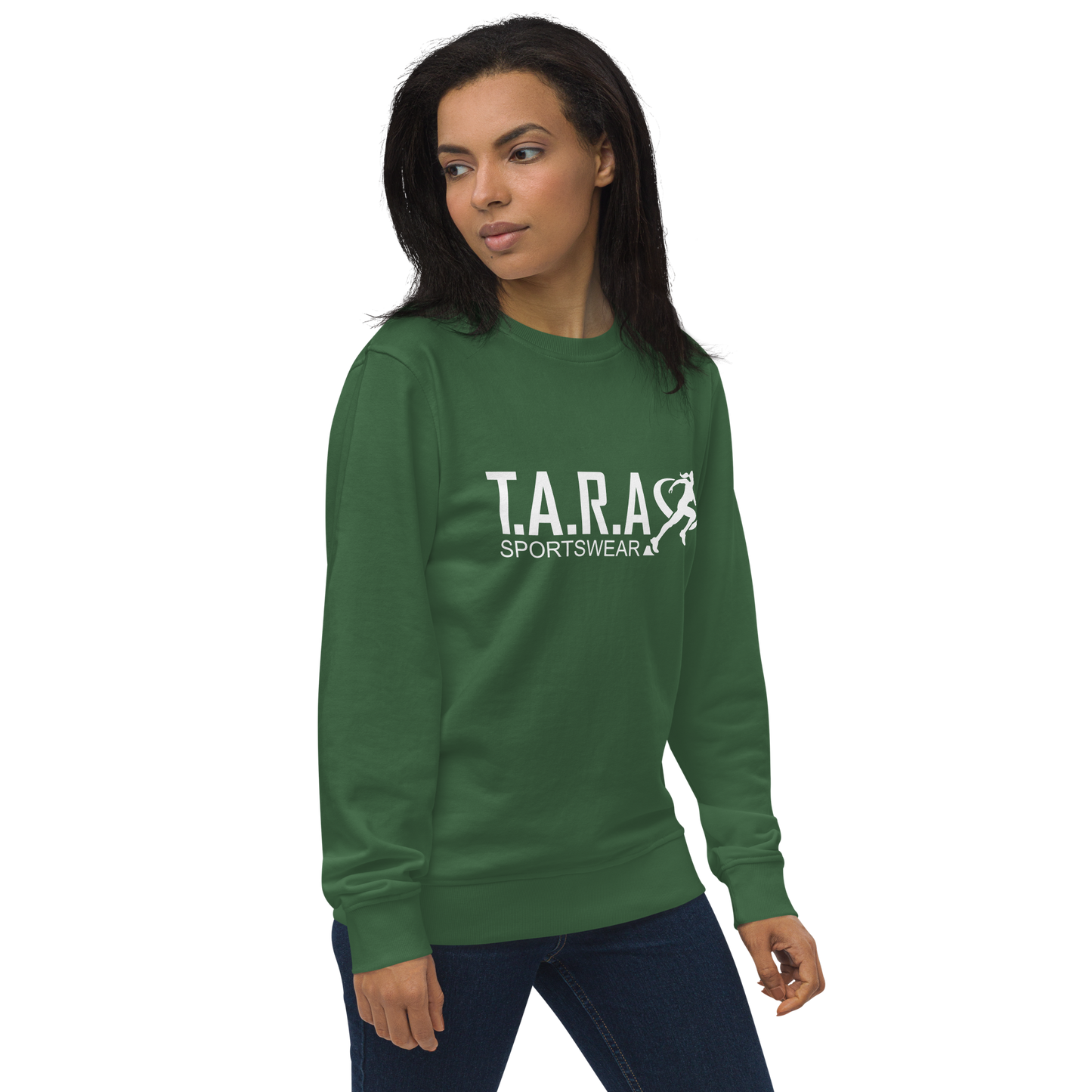A woman wearing a gray T.A.R.A Sportswear classic sweatshirt with the brand logo on the front.