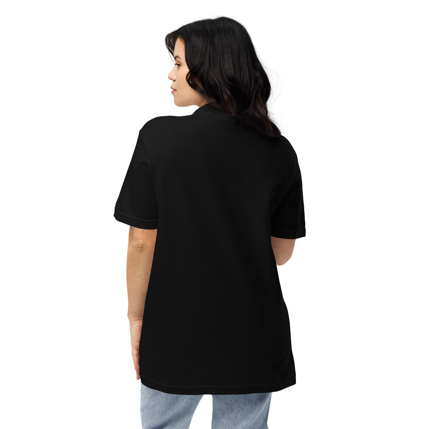 A person wearing a black classic polo shirt with a three-button placket and a logo on the chest.