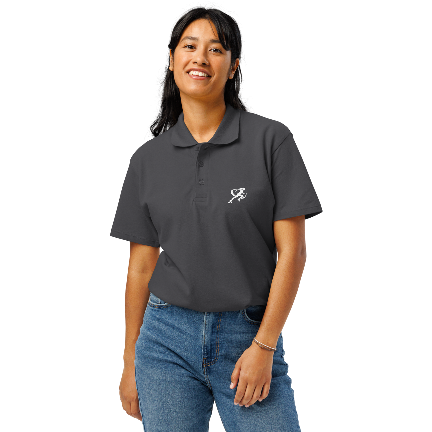 A person wearing a gray classic polo shirt with a three-button placket and a logo on the chest.