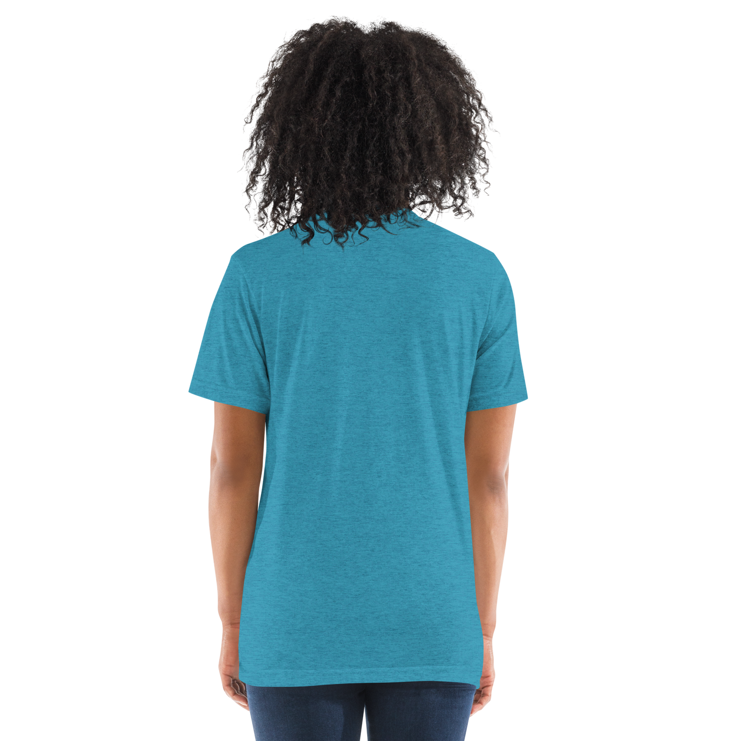 Woman wearing a blue t-shirt with a small logo on a white background