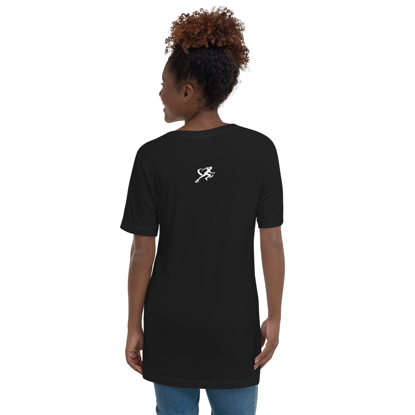 Woman wearing a black t-shirt with 'TARA SPORTSWEAR' logo on a white background