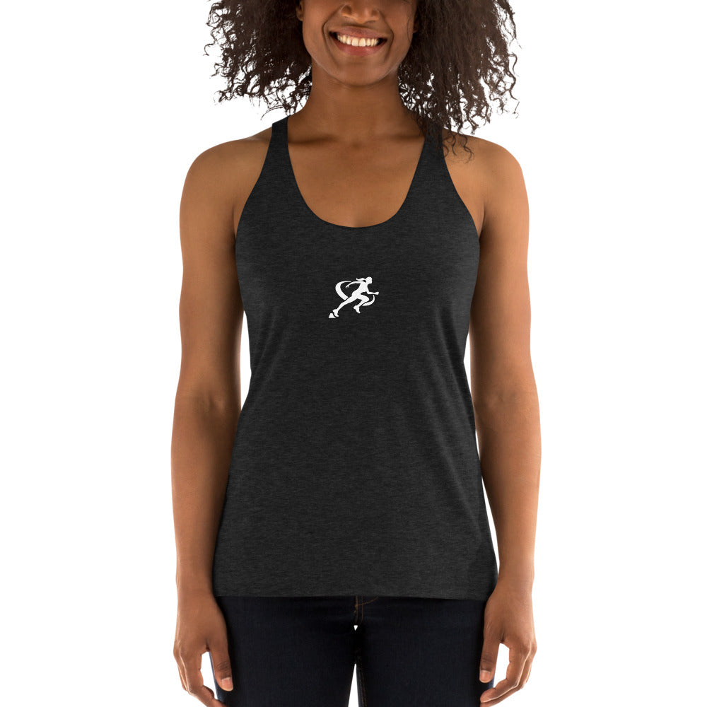 Woman wearing a black tank top with a white logo on a white background