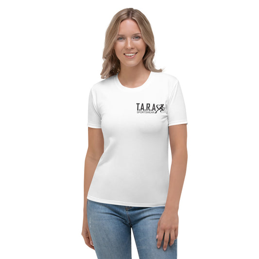 A woman wearing a white crew neck t-shirt with 'T.A.R.A' brand logo printed on the front.
