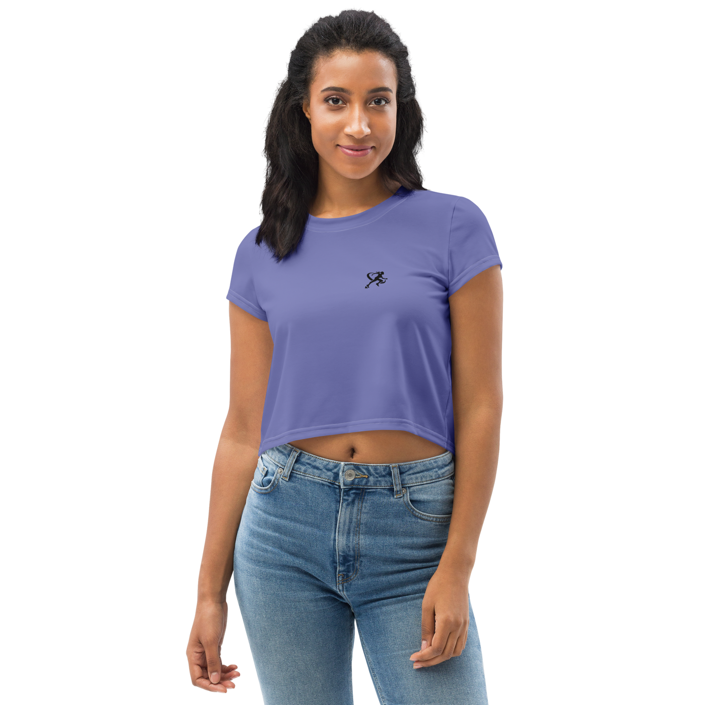 Woman wearing a purple t-shirt and blue jeans on a white background