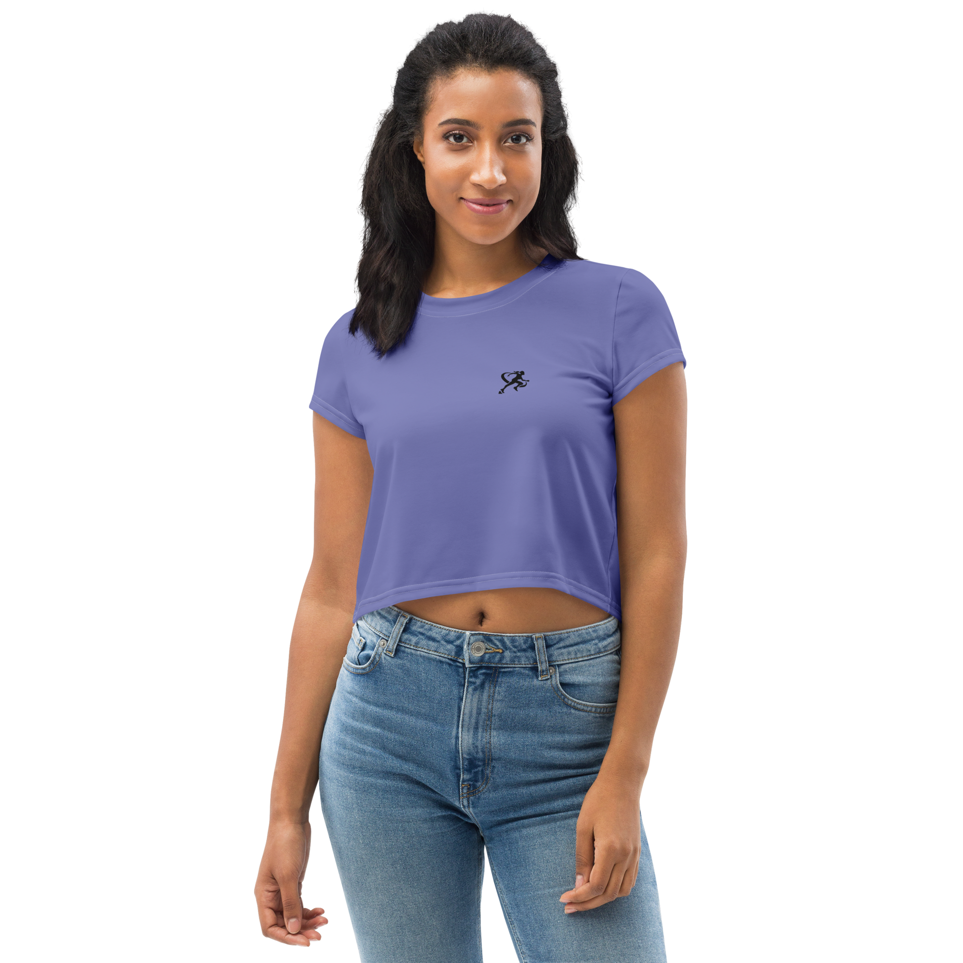 Woman wearing a purple t-shirt and blue jeans on a white background