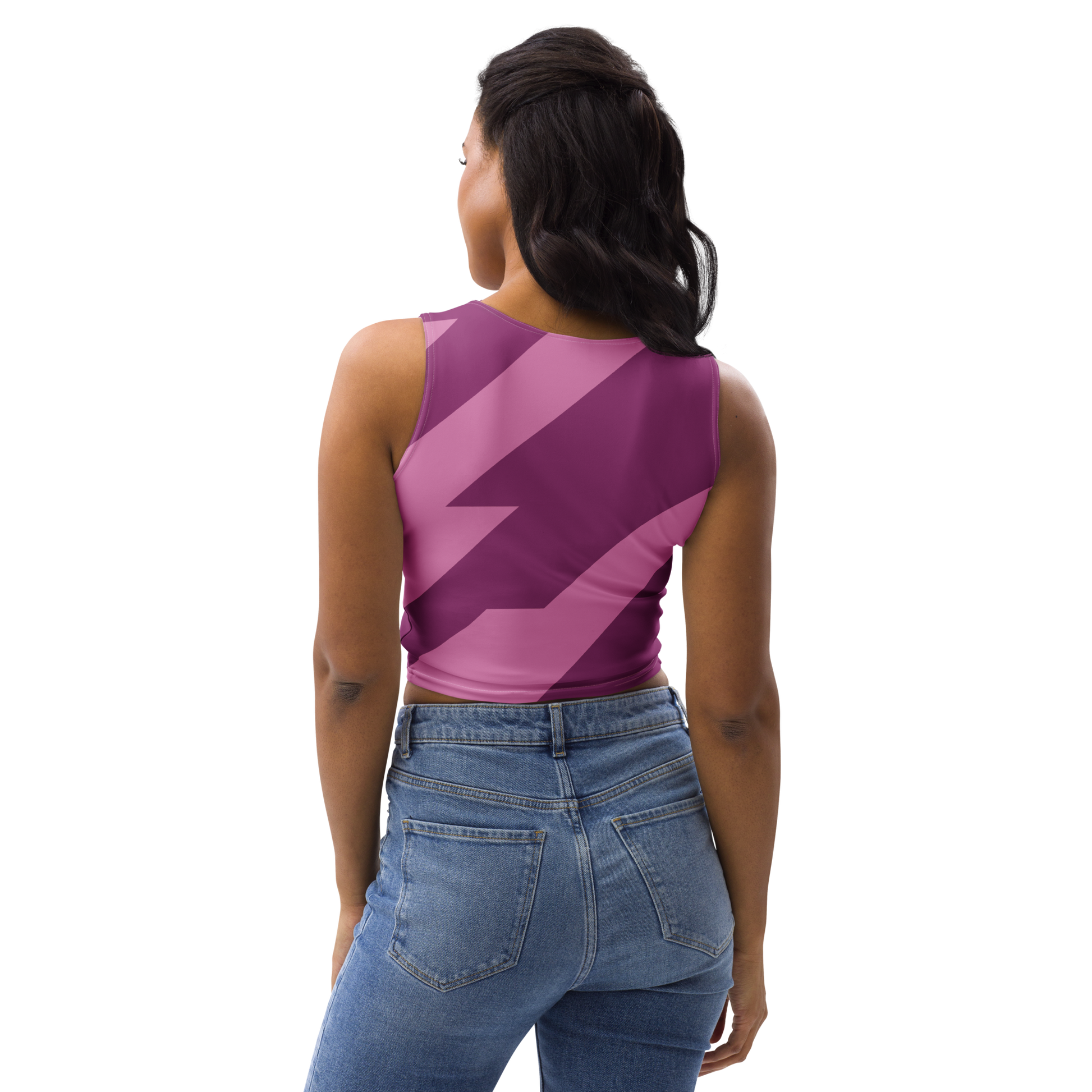 Woman wearing a purple tank top with a logo on a white background