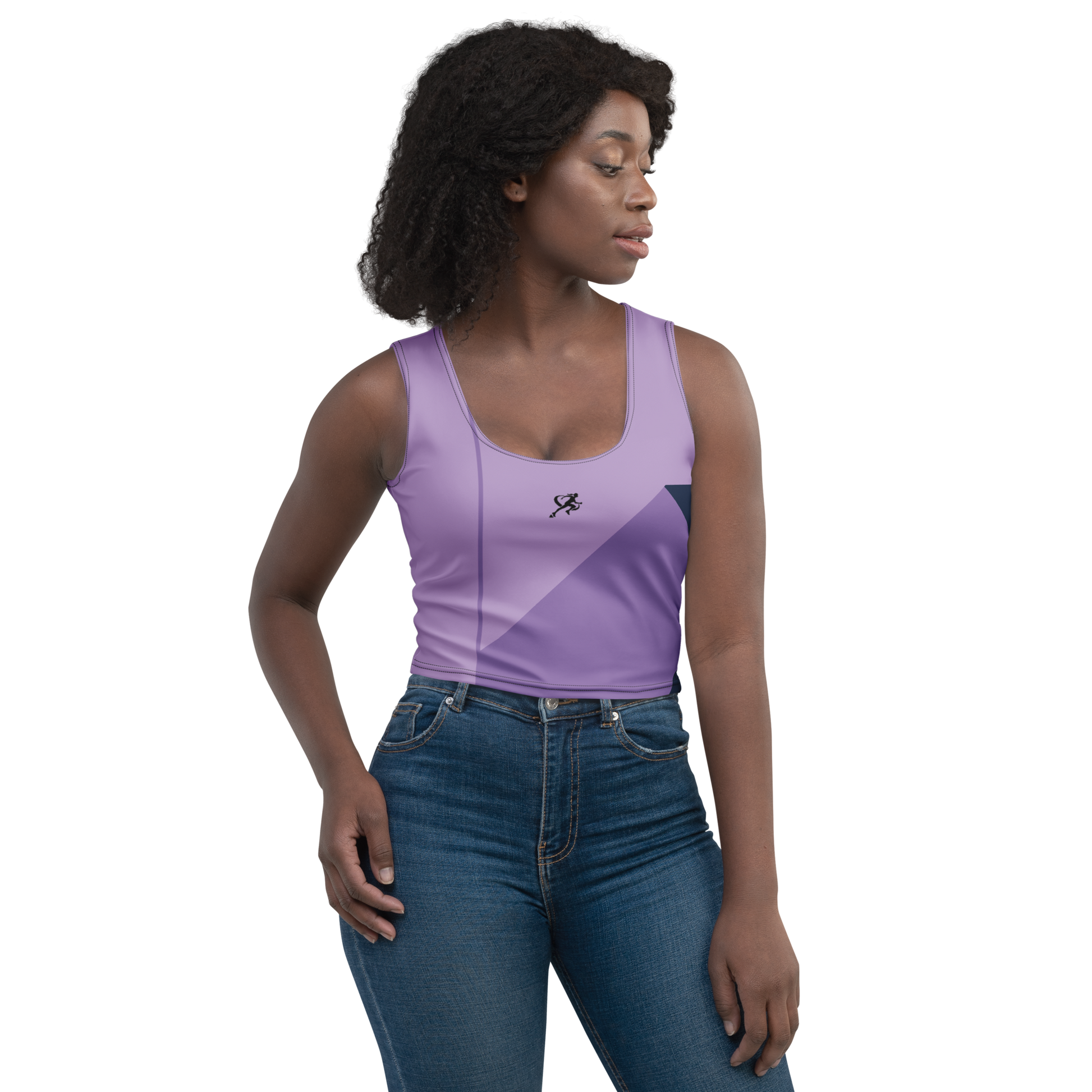 Woman wearing a purple tank top and blue jeans on a white background