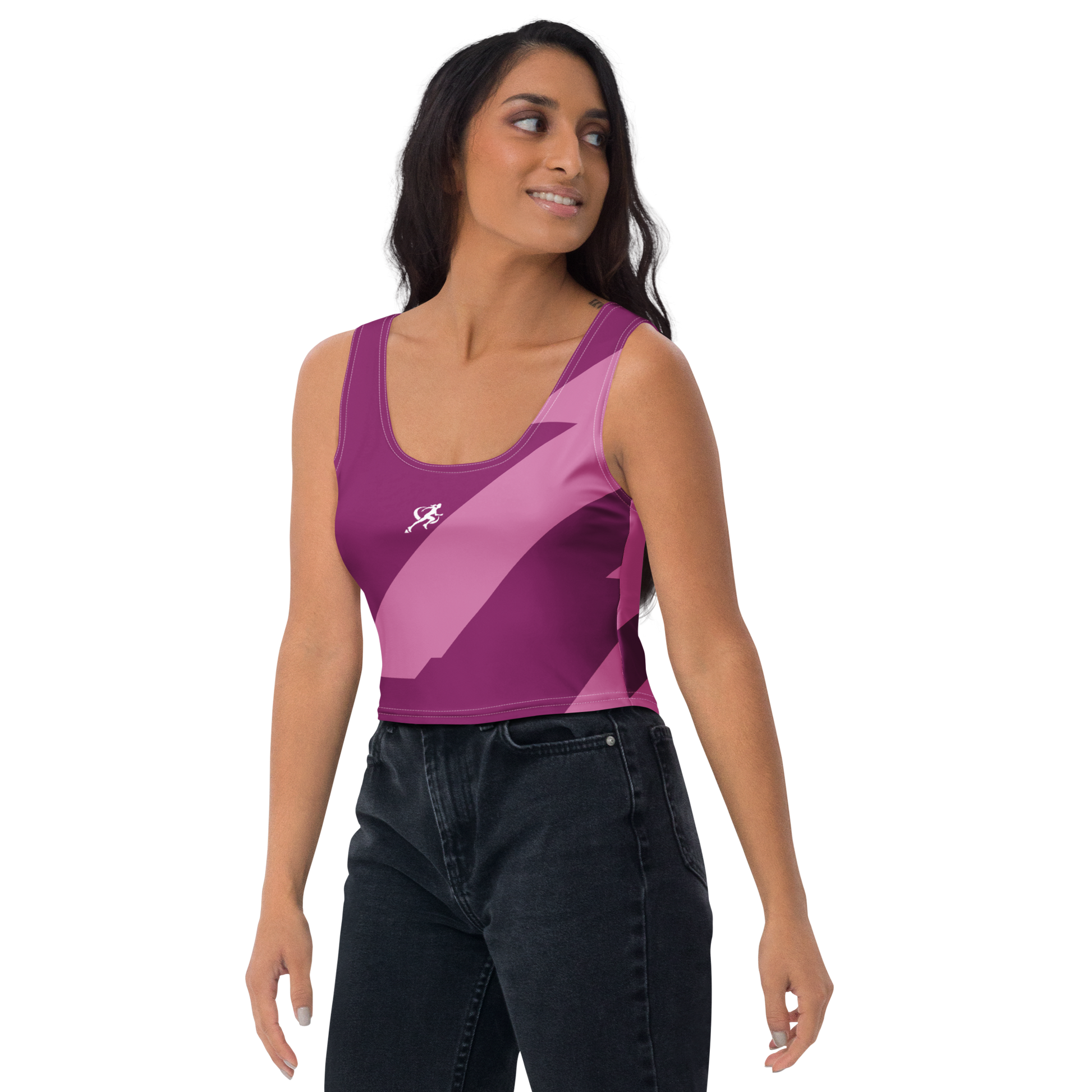 Woman wearing a purple tank top with a logo on a white background