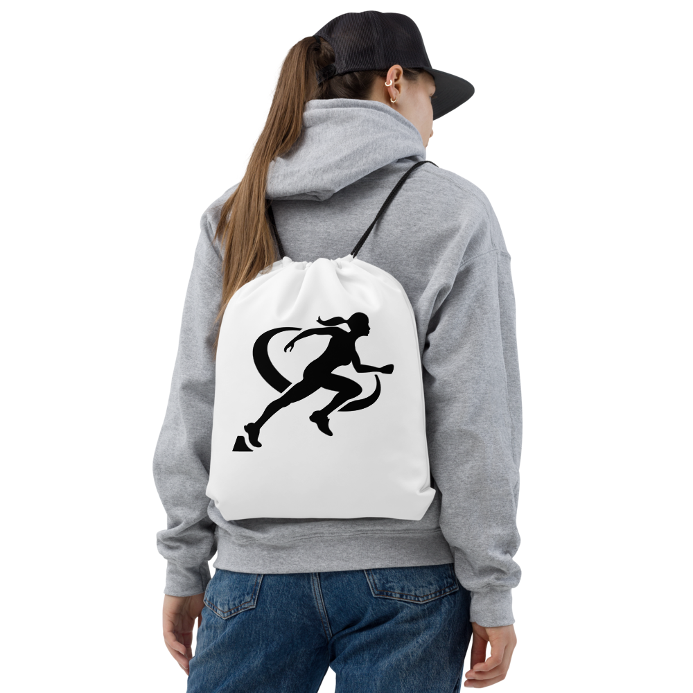 Person wearing a white backpack featuring 'TARA SPORTSWEAR' on a white background