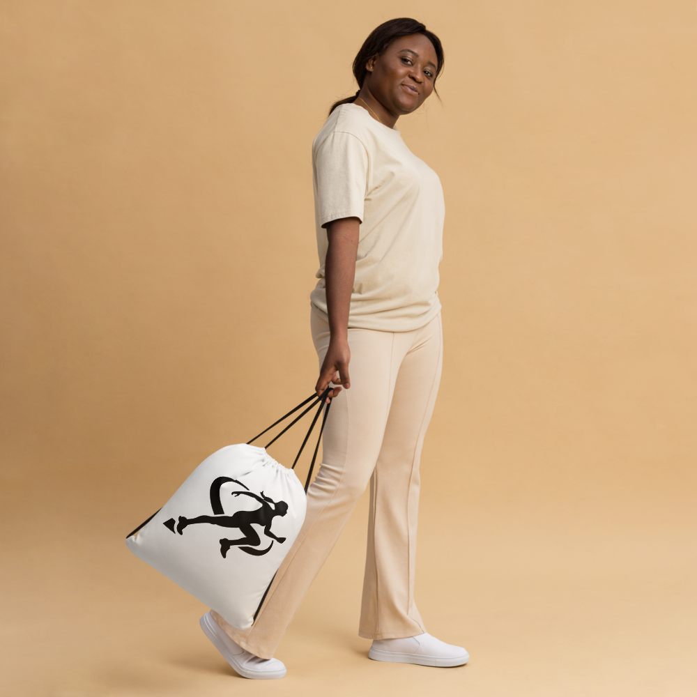 Person wearing a white backpack featuring 'TARA SPORTSWEAR' on a orange background