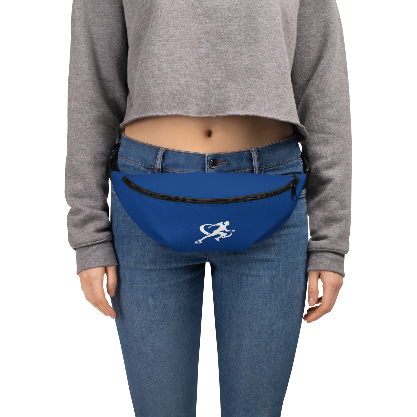 Woman sitting on the floor with a blue fanny pack featuring a logo.