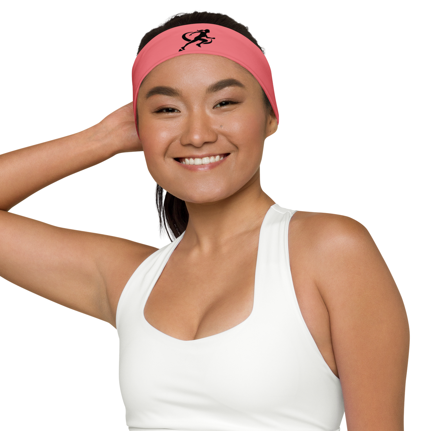 Woman wearing a pink headband with a logo on a white background