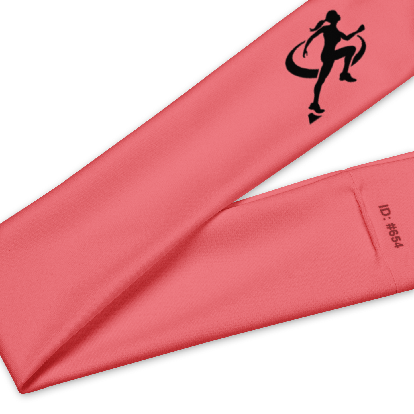 Woman wearing a pink headband with a logo on a white background