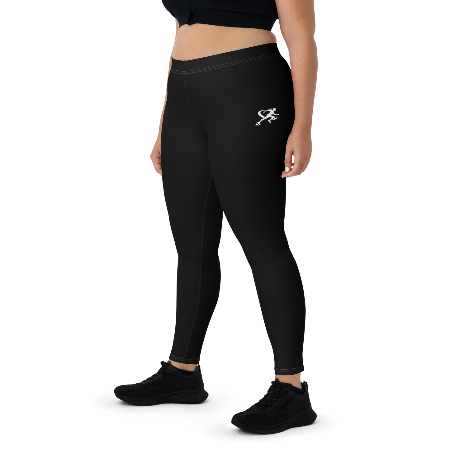 Person wearing black leggings with a logo on a white background