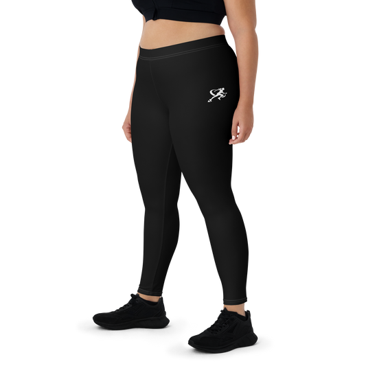 Person wearing black leggings with a logo on a white background