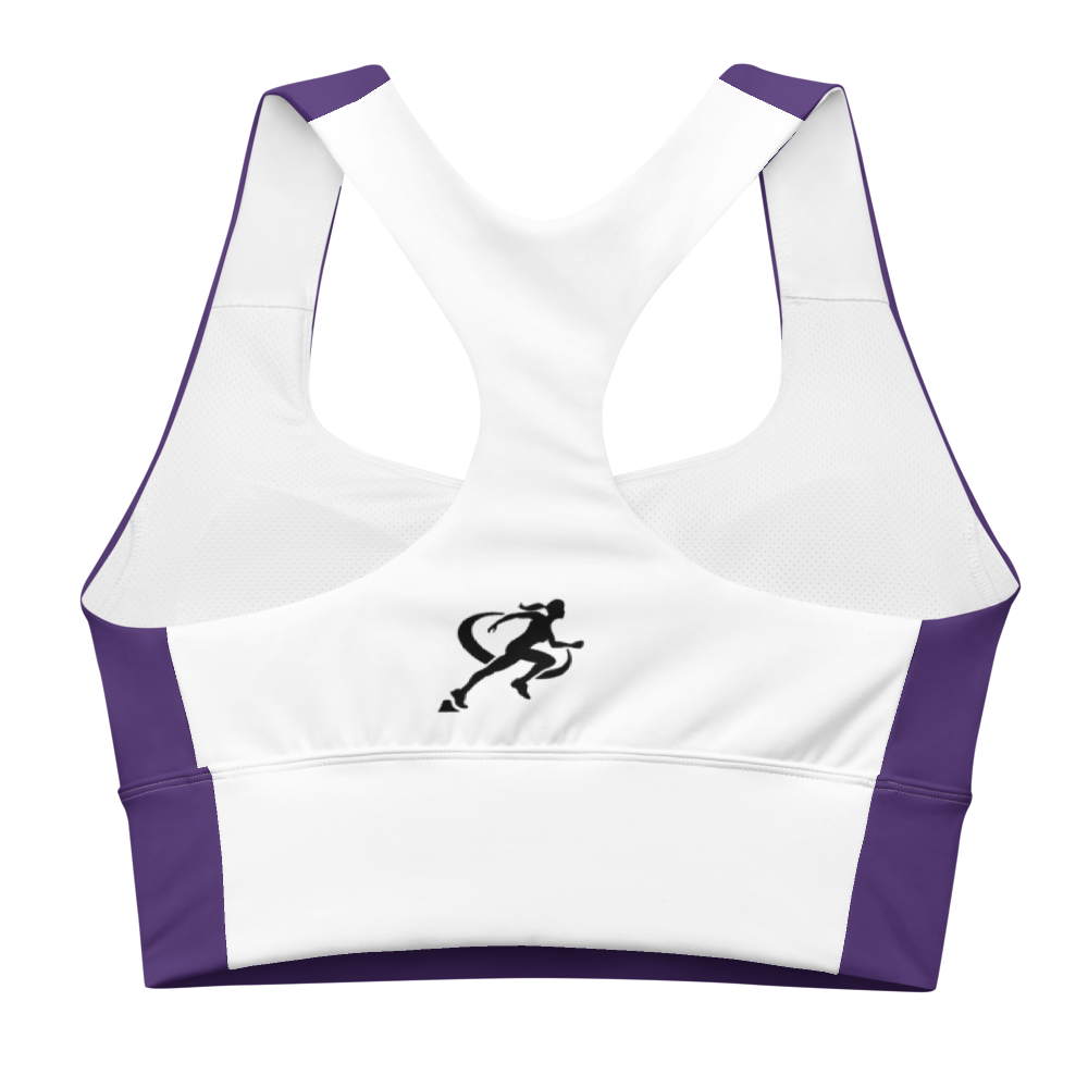 Woman wearing a purple sports bra with a logo on a white background