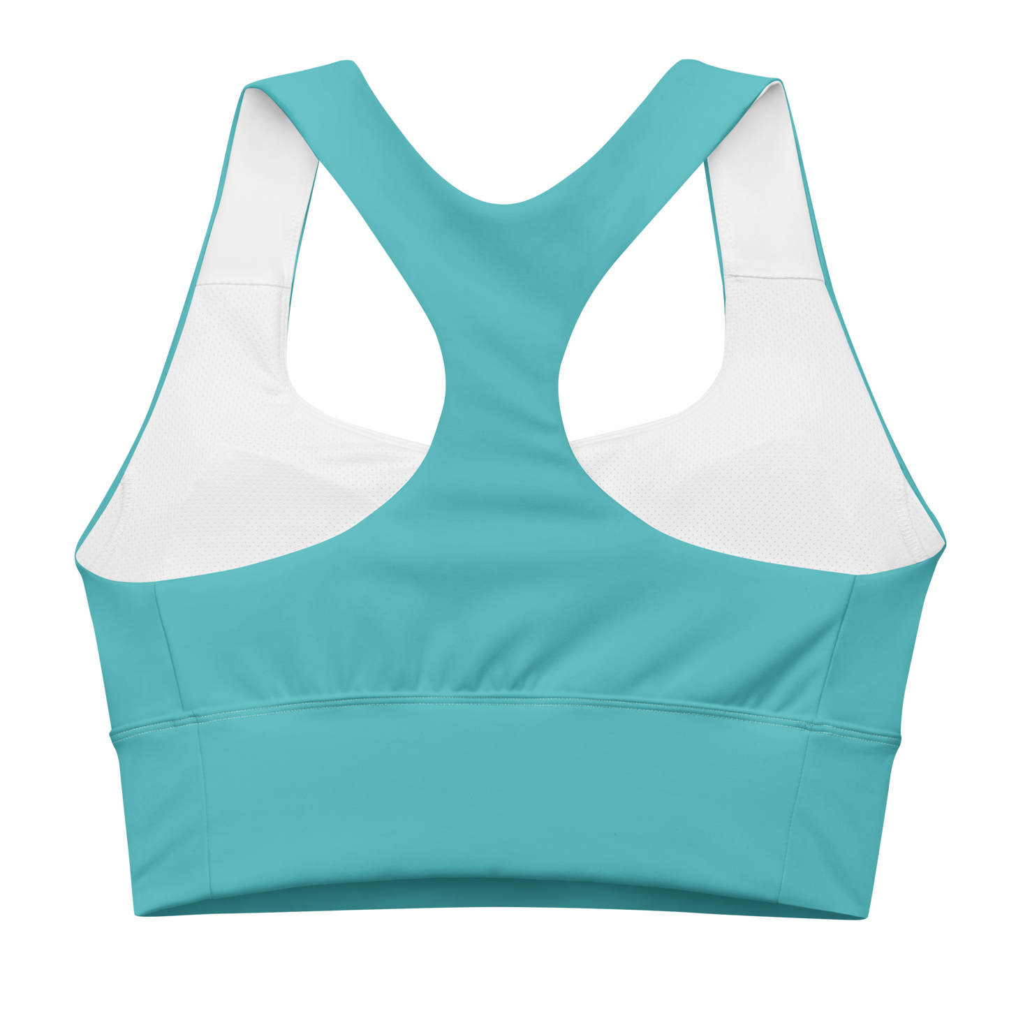 Woman wearing a turquoise sports bra with a logo on a white background