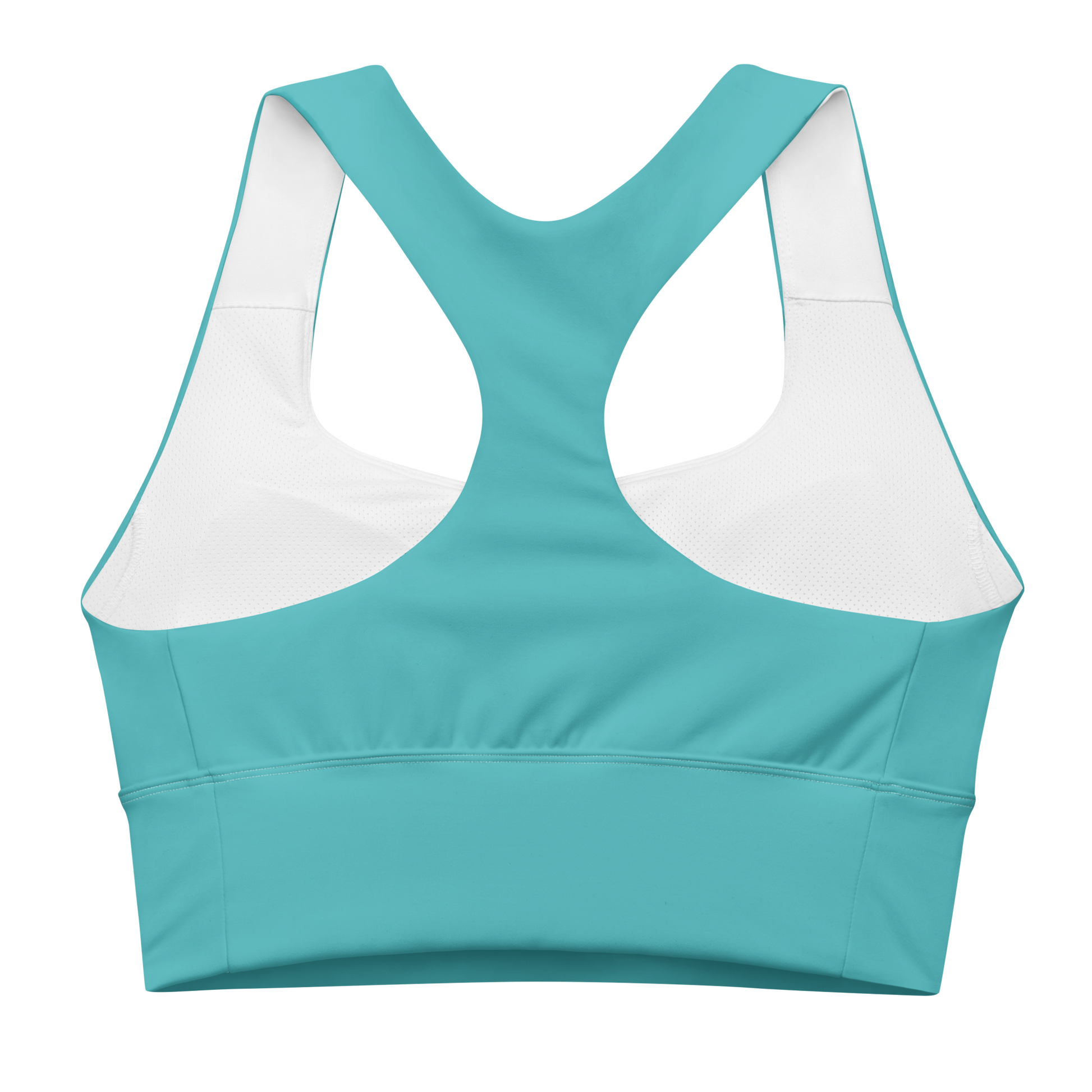 Woman wearing a turquoise sports bra with a logo on a white background