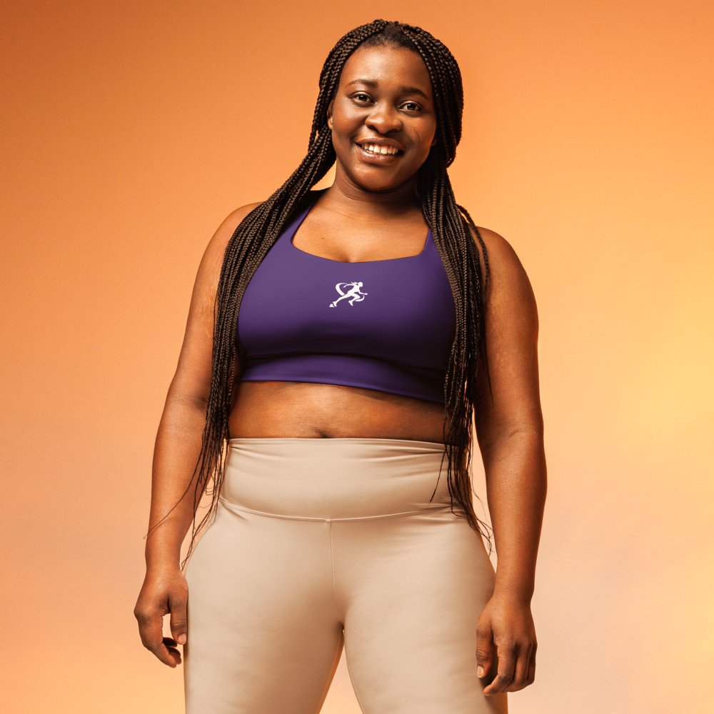 Woman wearing a purple sports bra with a logo on a white background
