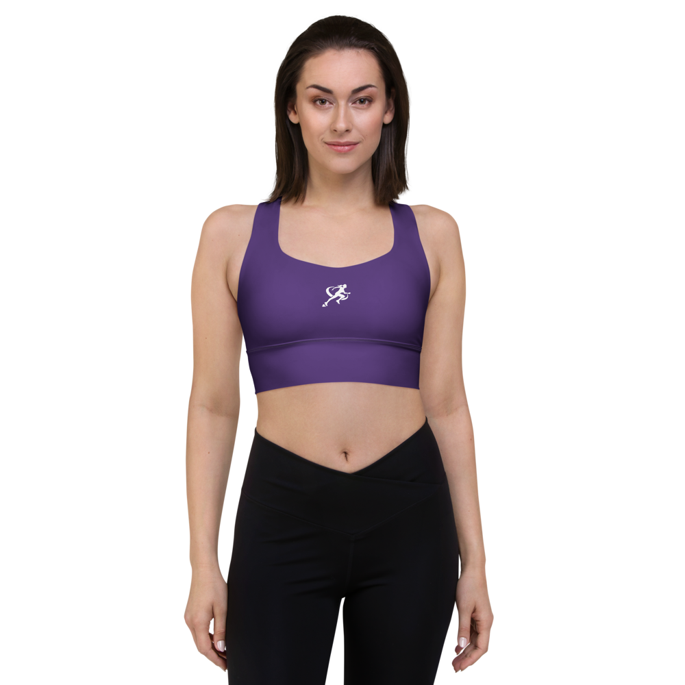 Woman wearing a purple sports bra with a logo on a white background