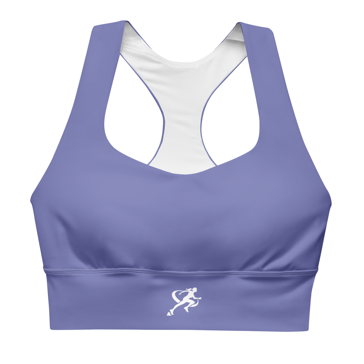 Woman wearing a purple sports bra and black leggings on a white background