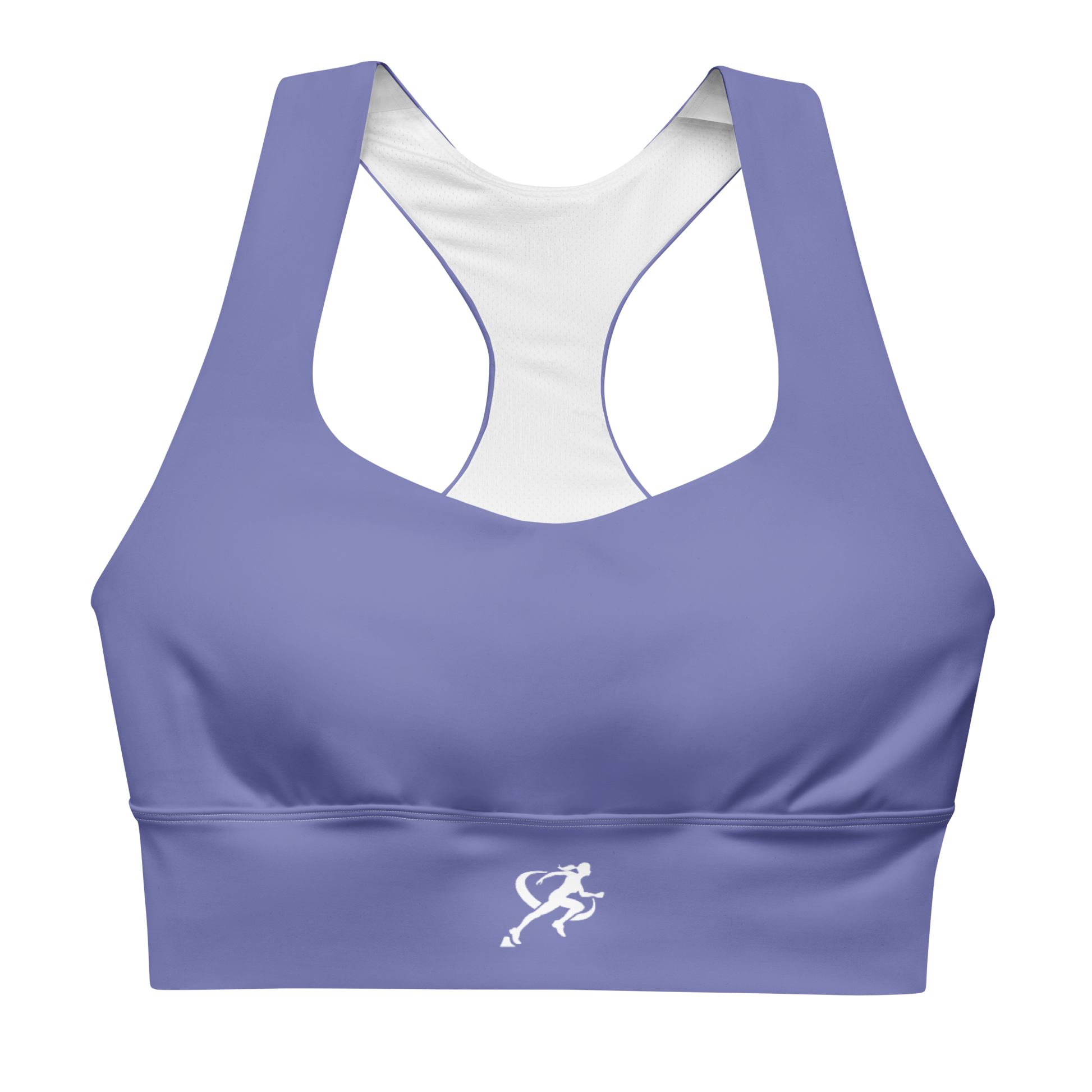 Woman wearing a purple sports bra and black leggings on a white background