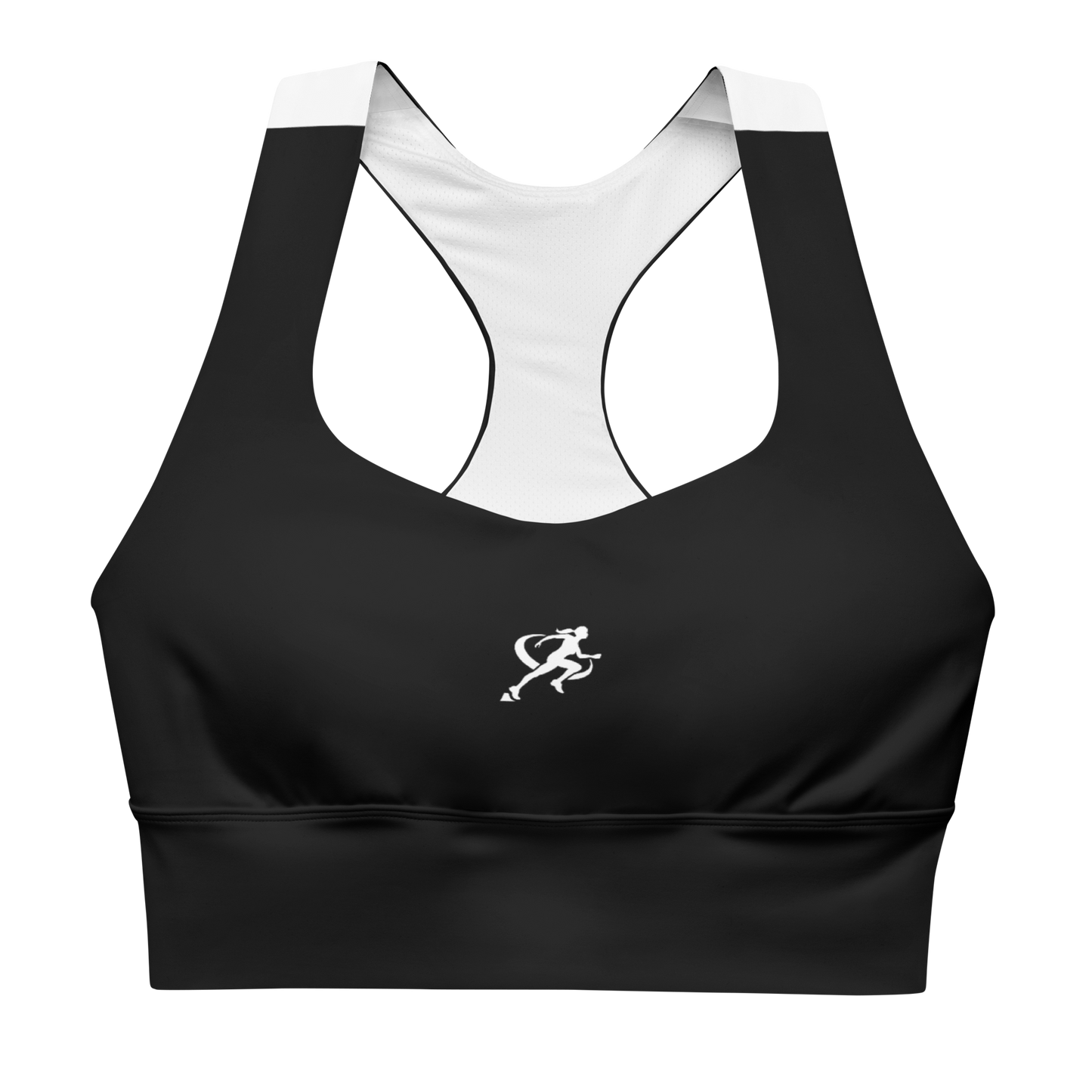 Woman wearing a black sports bra with a logo on a white background