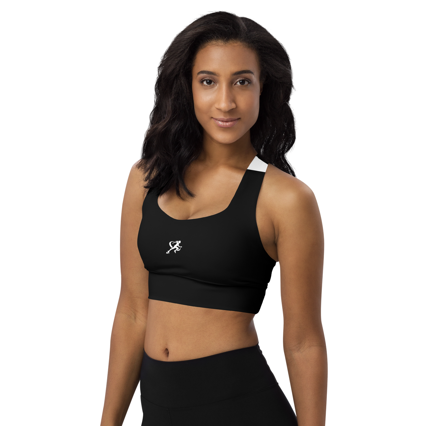 Woman wearing a black sports bra with a logo on a white background