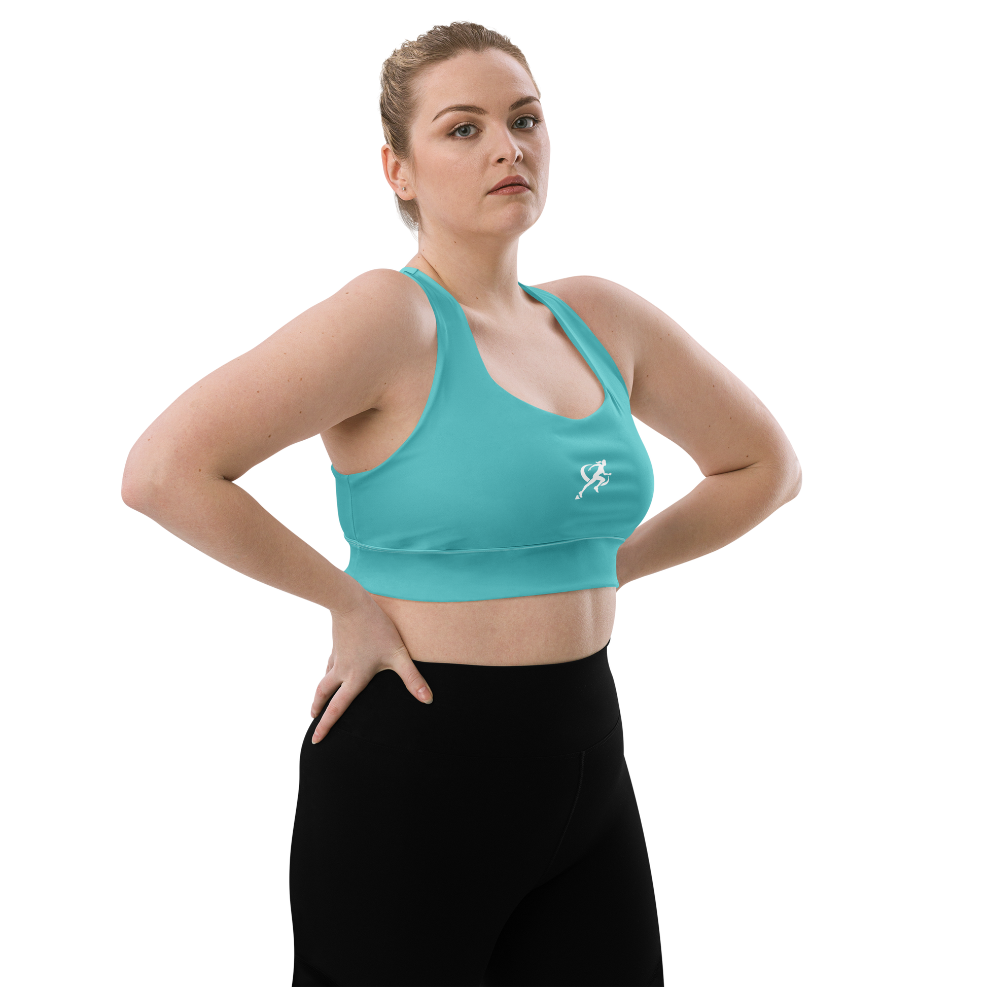 Woman wearing a turquoise sports bra with a logo on a white background