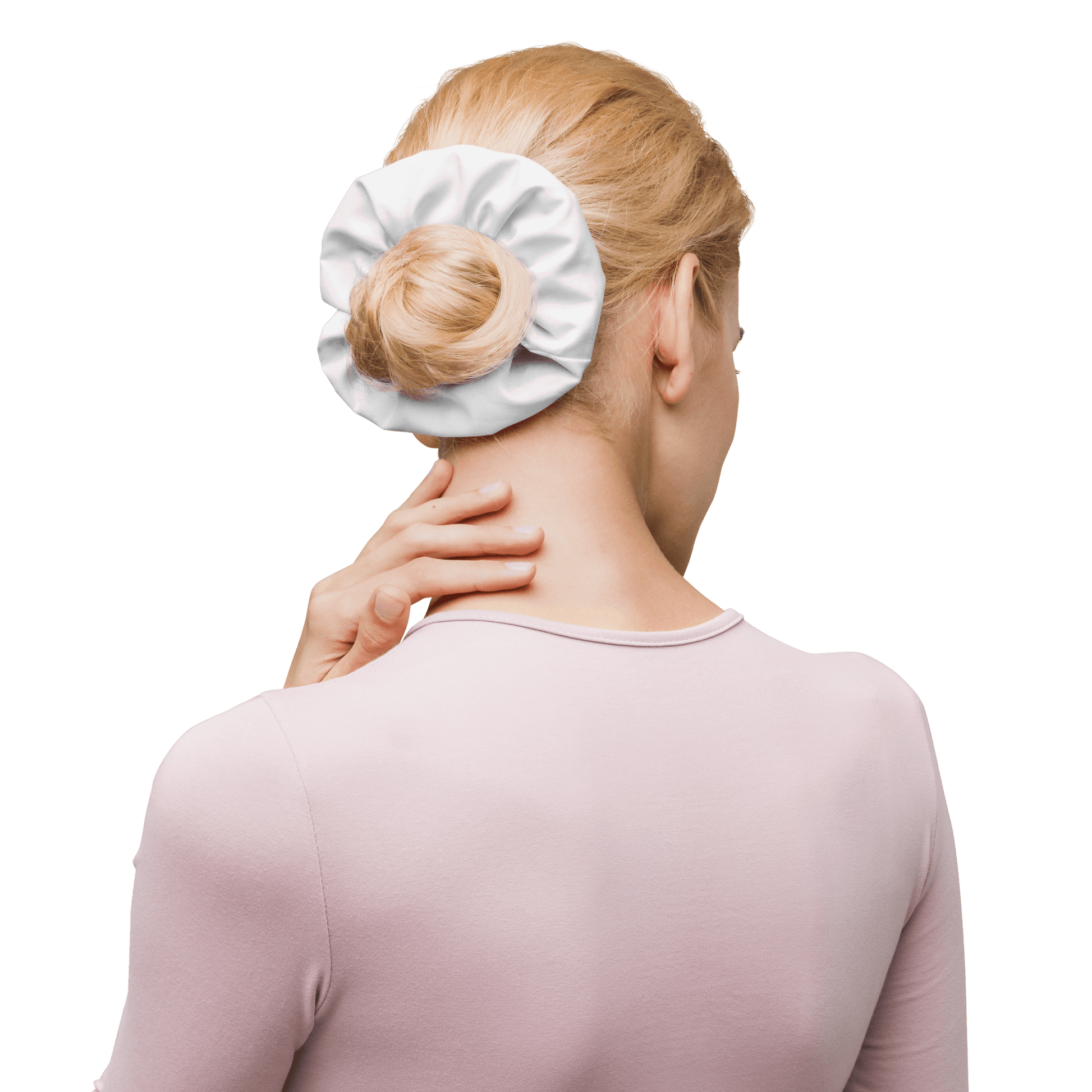 Woman using a white hot water bottle on her neck against a white background