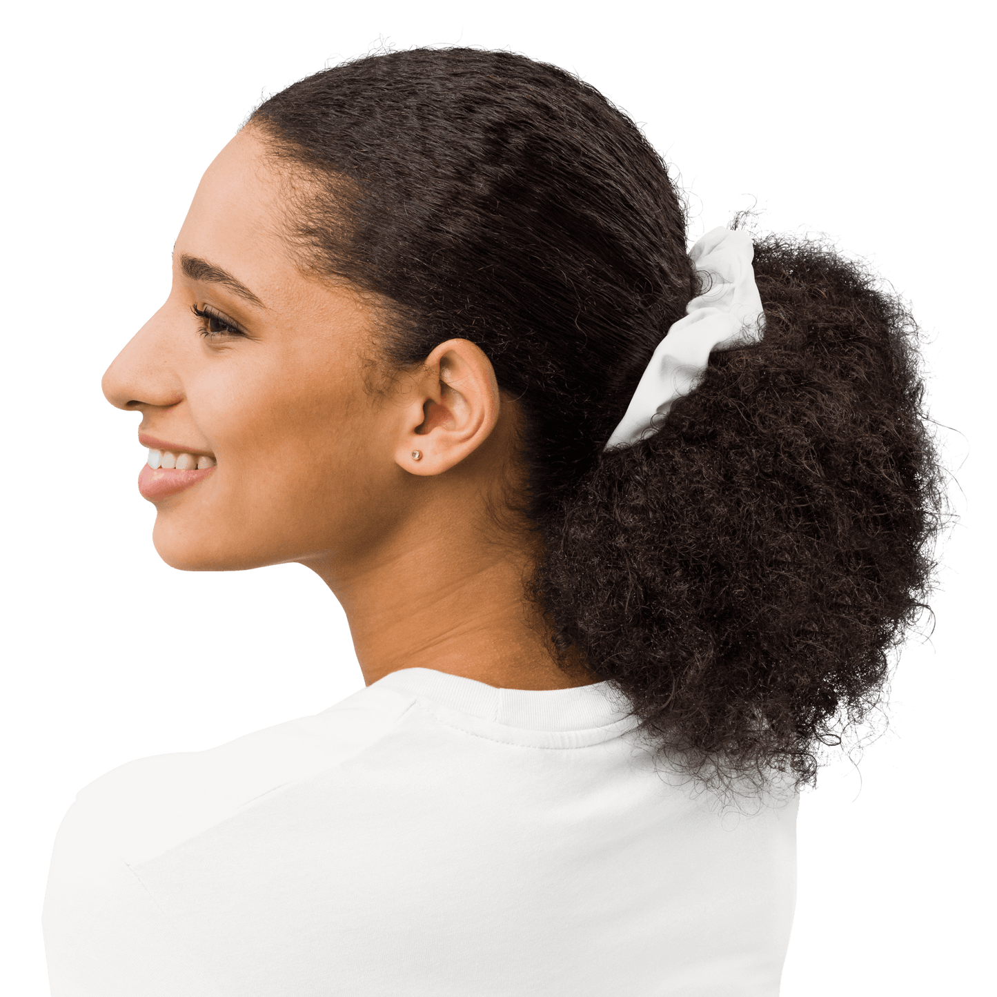 Woman with a white scrunchie in her hair on a white background