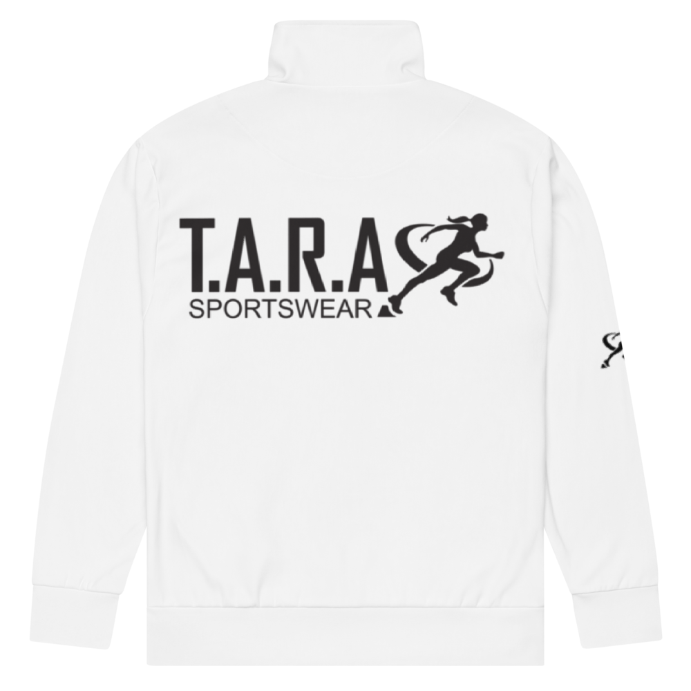 A white T.A.R.A Sportswear Classic Gym Jackets with black logos on the back