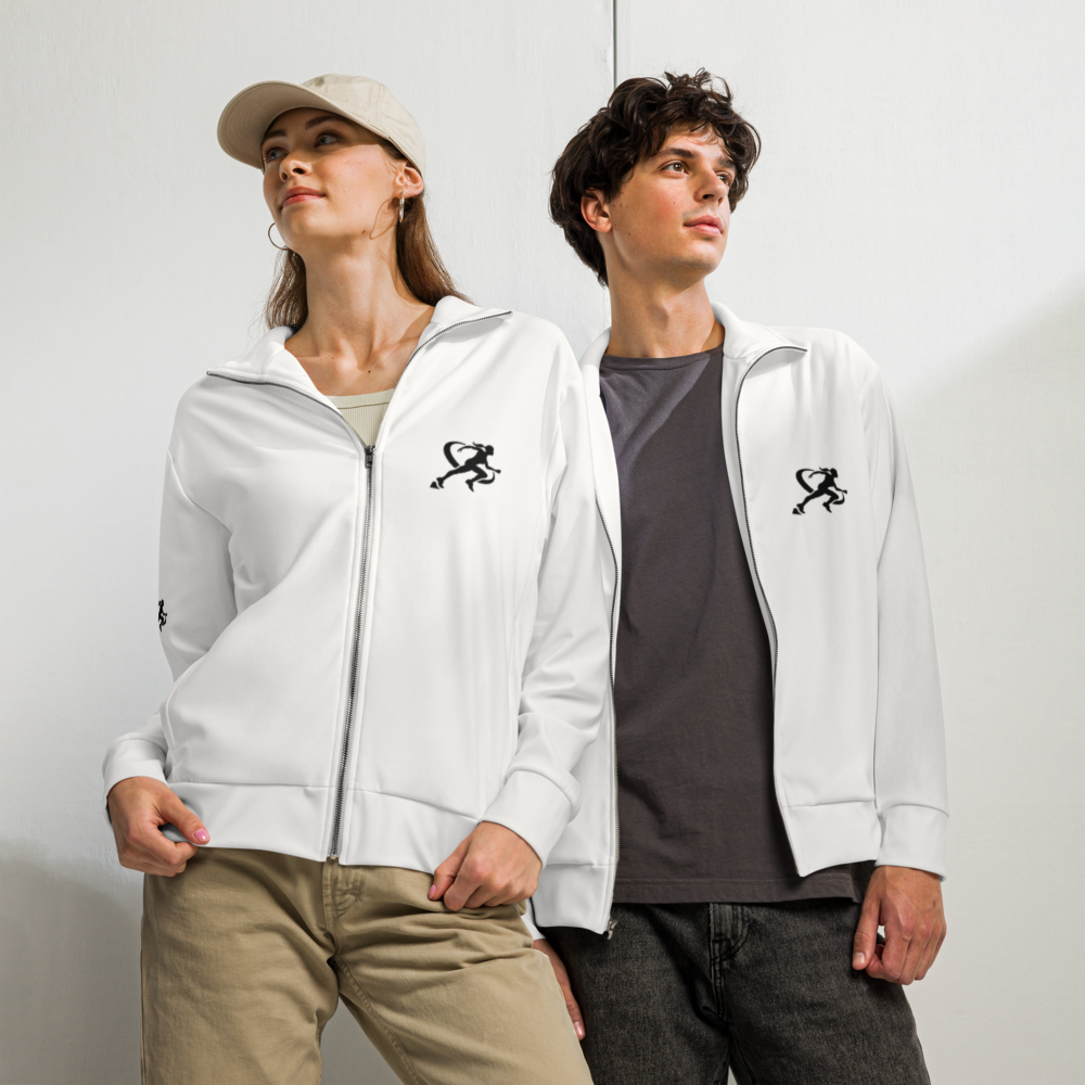 A man and a woman standing side by side, wearing white T.A.R.A Sportswear Classic Gym Jackets with black logos on the front.