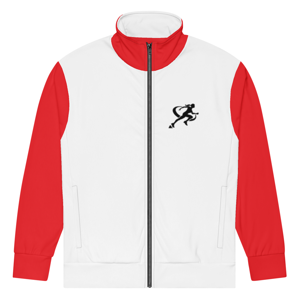 A white and red T.A.R.A Sportswear Classic Gym Jacket with black logos on the front