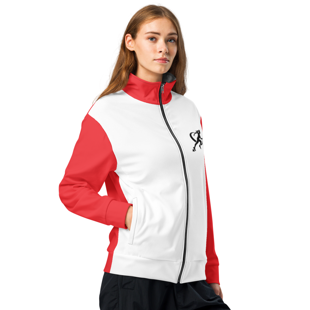 A woman standing wearing a red and white T.A.R.A Sportswear Classic Gym Jacket with black logos on the front
