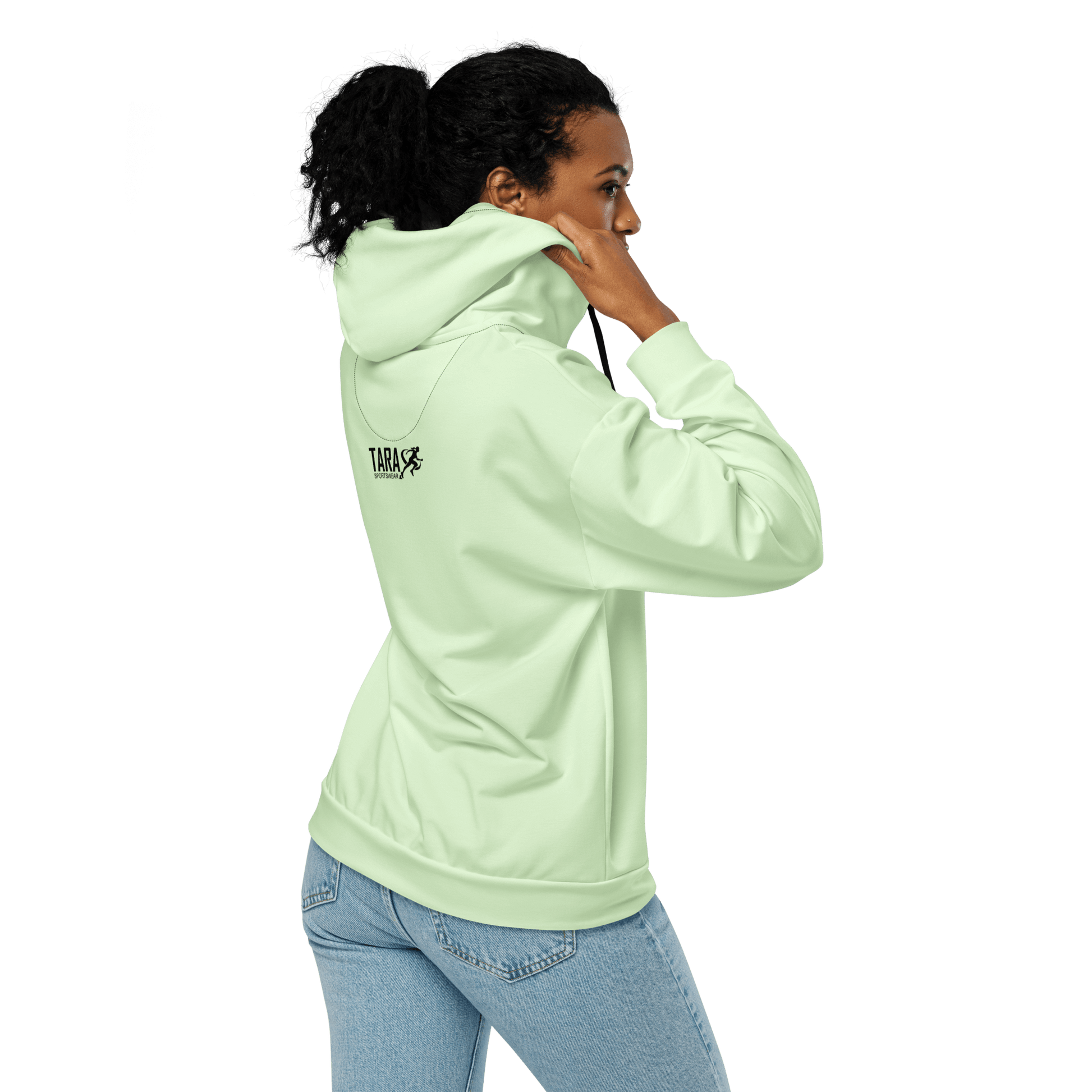 Woman wearing a light green hoodie with a logo on a white background