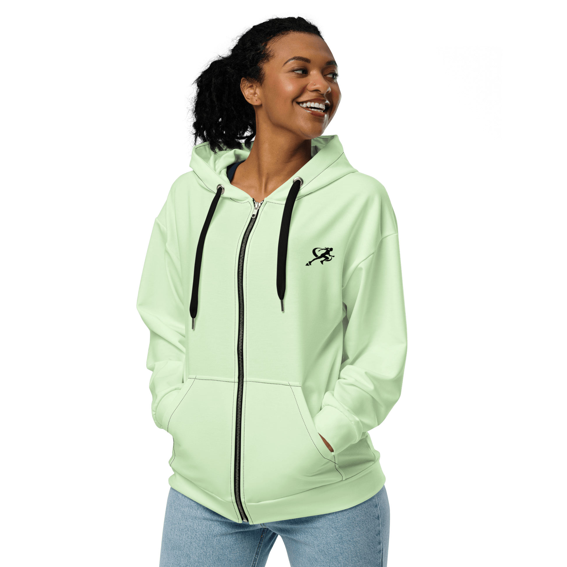 Woman wearing a light green hoodie with a logo on a white background