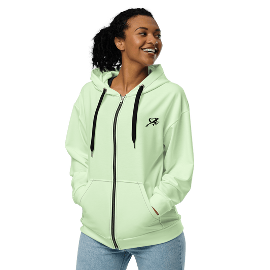 Woman wearing a light green hoodie with a logo on a white background