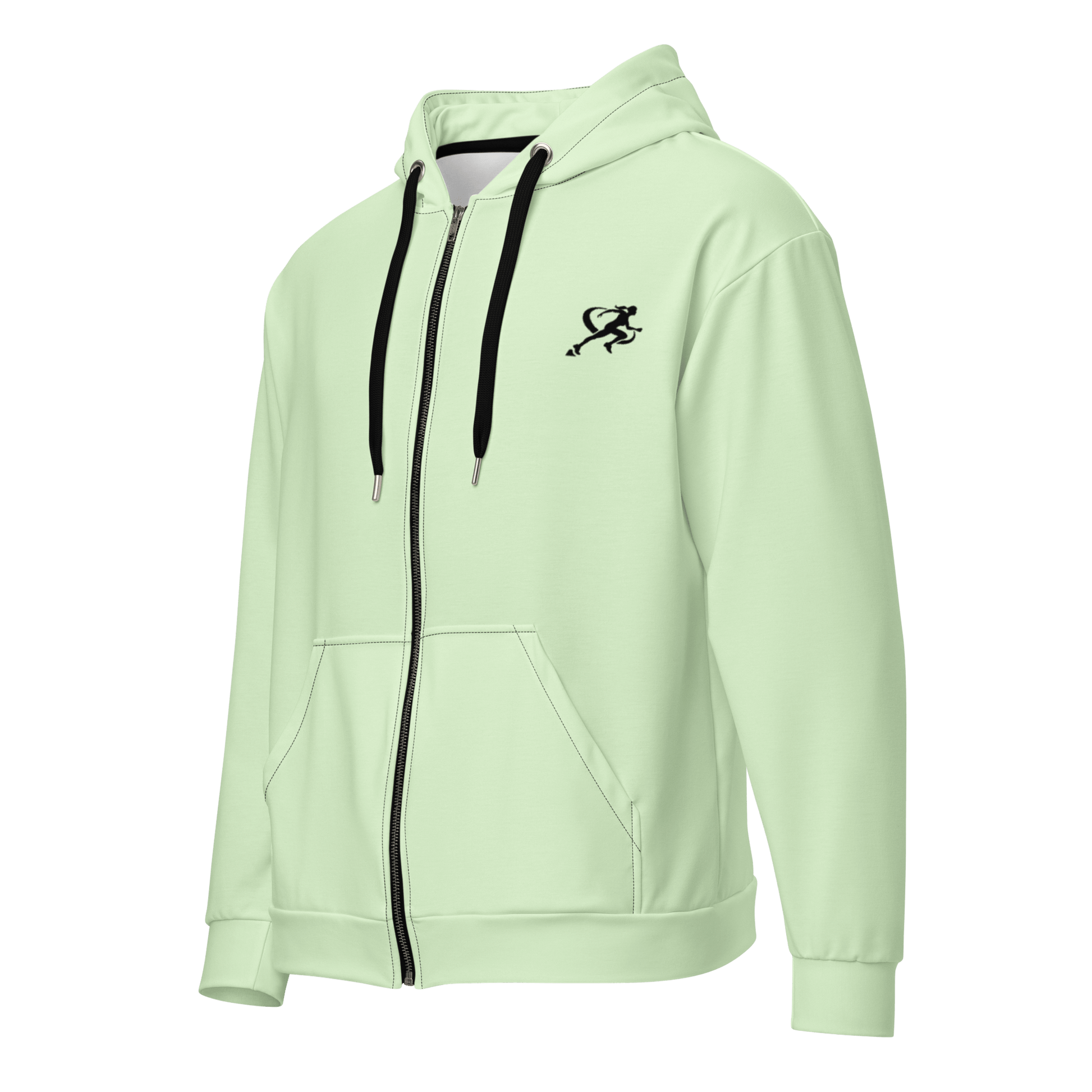 Woman wearing a light green hoodie with a logo on a white background