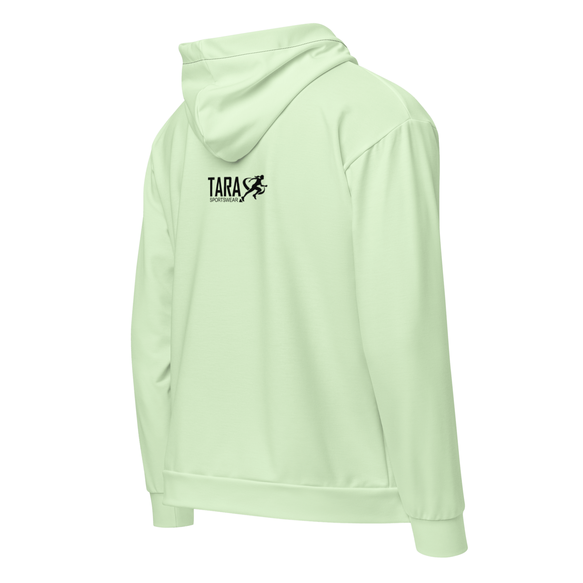 Woman wearing a light green hoodie with a logo on a white background