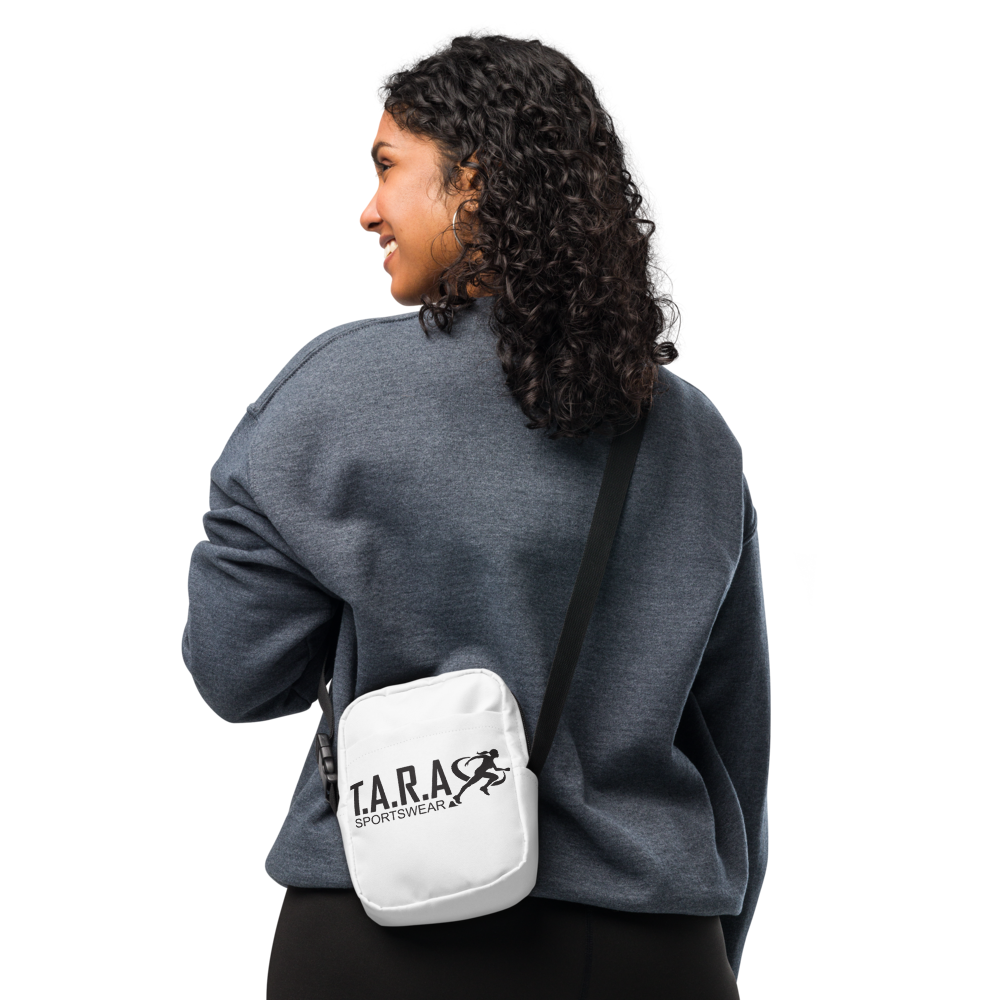 Women wearing a white body bag with a gray jacket in a white background