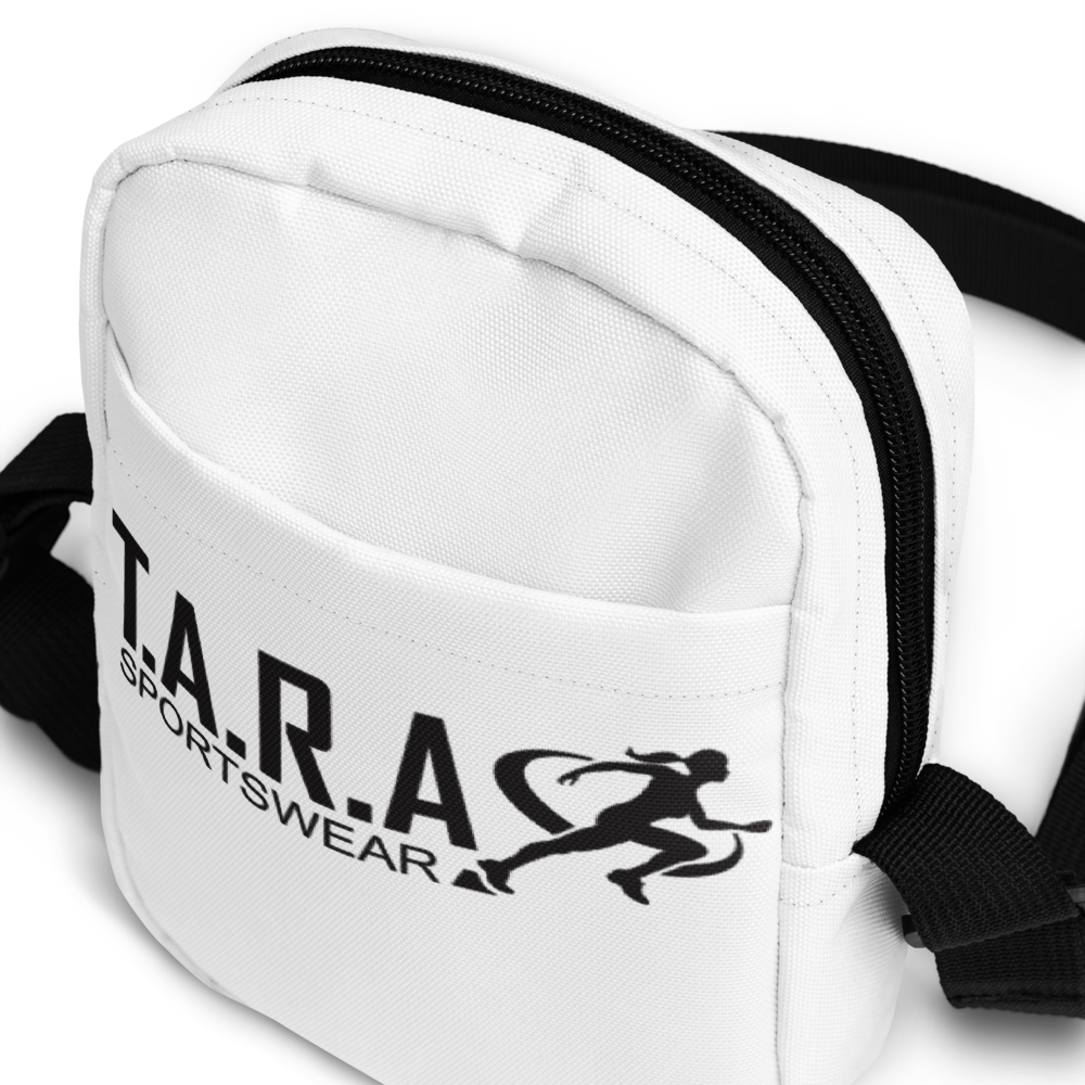 A white TARA Sportswear body bag in a white background