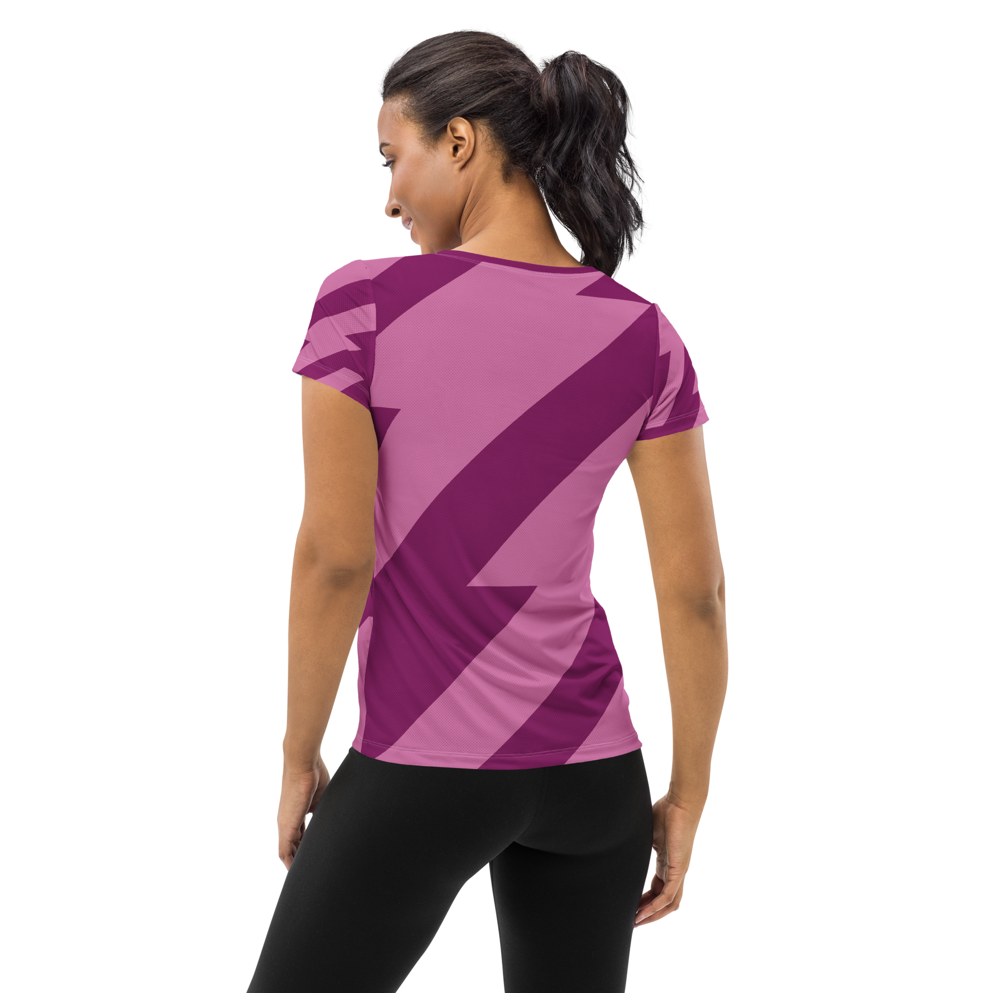 Woman wearing a purple athletic shirt with a white logo on a white background