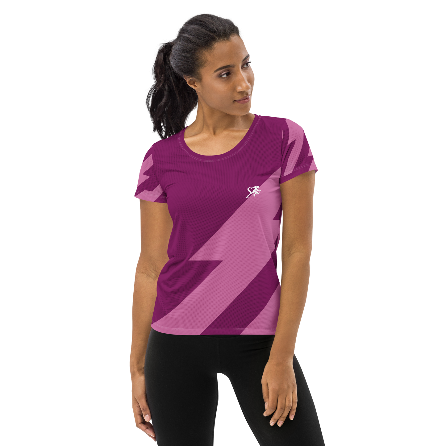 Woman wearing a purple athletic shirt with a white logo on a white background