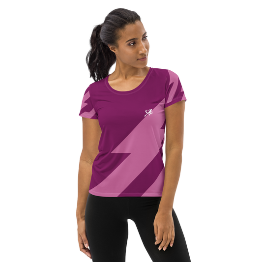 Woman wearing a purple athletic shirt with a white logo on a white background