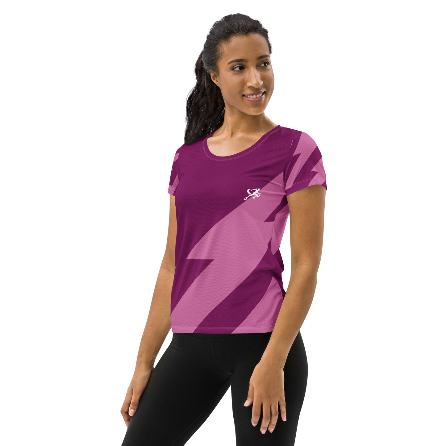 Woman wearing a purple athletic shirt with a white logo on a white background